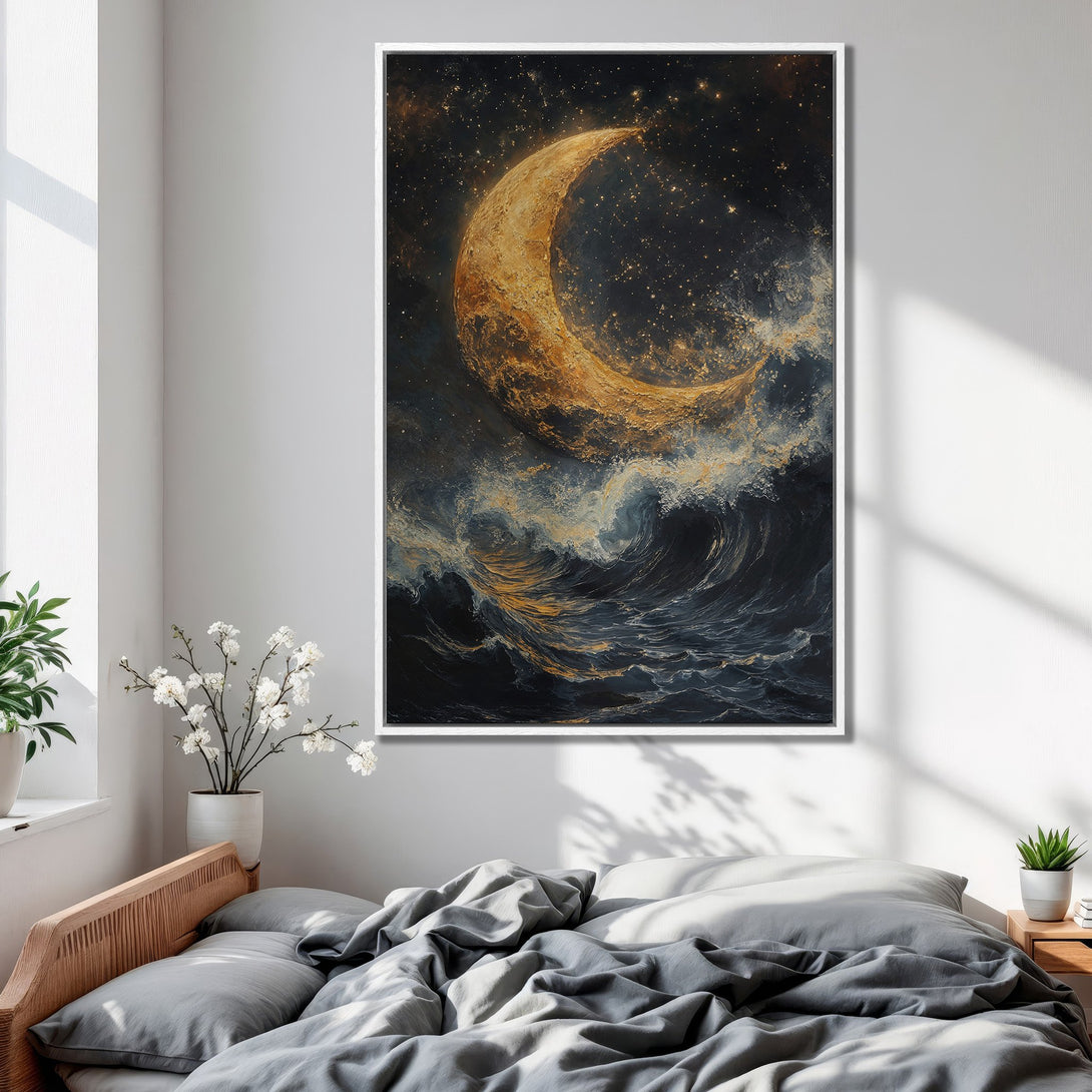Framed Wall Art: Abstract moon and ocean painting in a bedroom. Featuring a gold, blue, and black color palette. Perfect for modern home decor.