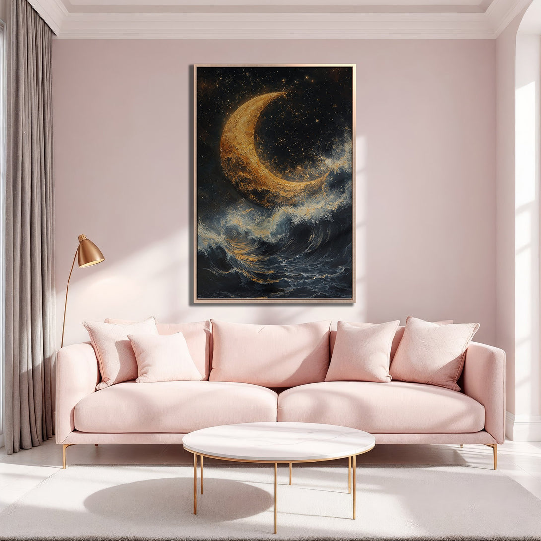 Framed Wall Art featuring a golden moon over dark waves.  Stunning canvas print in a modern interior with a blush pink and gold color palette.  Add art to your home!