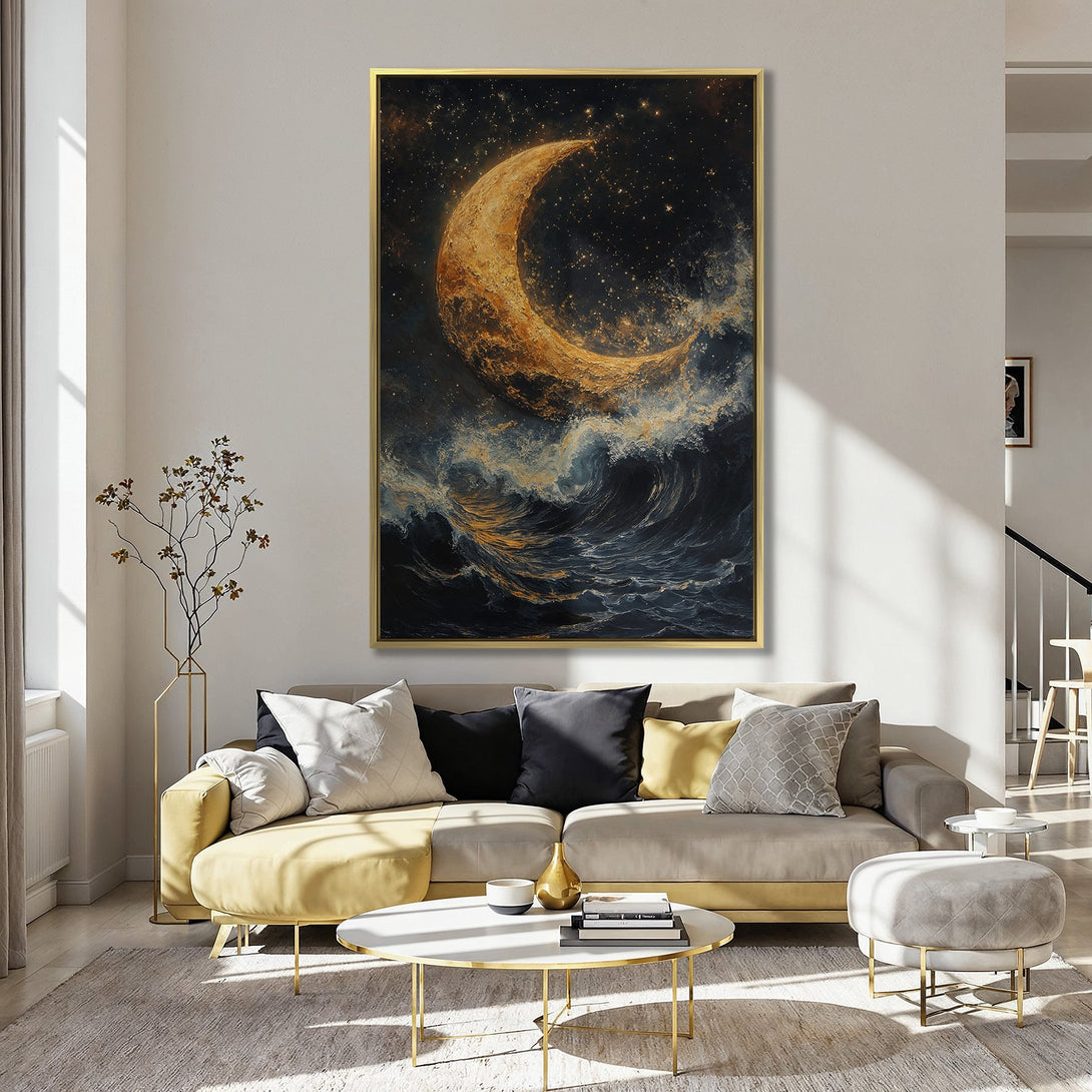 Canvas Print of a celestial moon over ocean waves in a dark, moody color palette. Perfect wall art for a touch of magic!