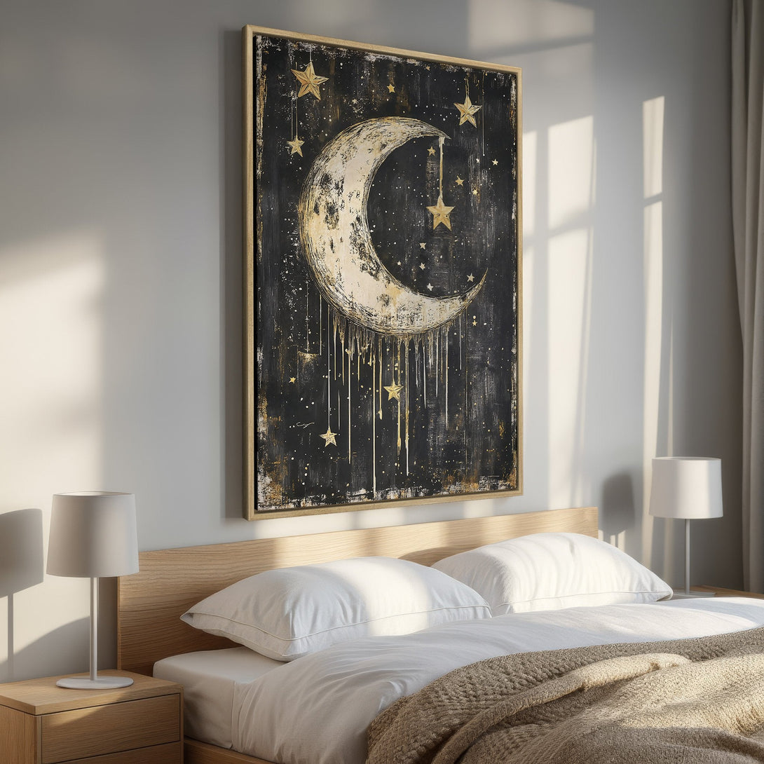 Framed Wall Art: Celestial moon and stars in a black and gold abstract style. Perfect for bedroom decor, this canvas print adds a touch of magic.
