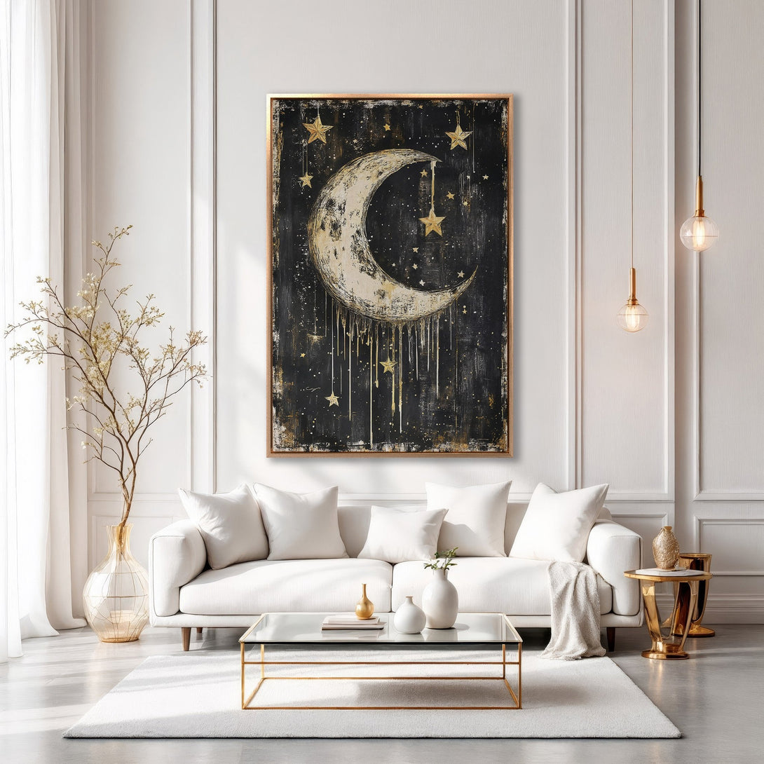 Framed Wall Art featuring a celestial moon and stars in gold and black, adding a touch of elegance to any interior design.