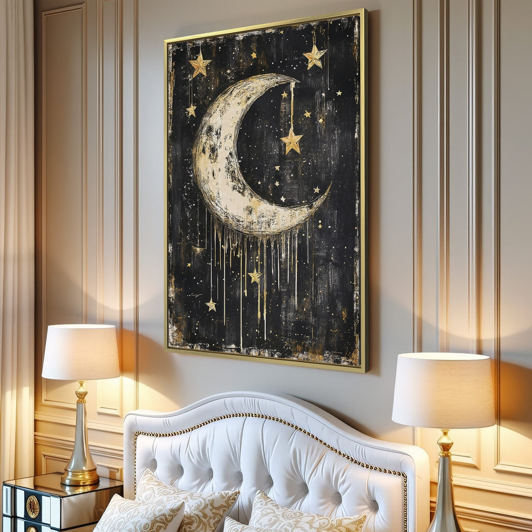 Canvas Print featuring a celestial moon and stars design in a black and gold color palette, perfect for modern home decor.