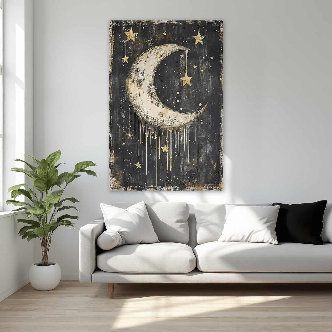 Framed Wall Art: Abstract moon and stars canvas print in black, gold, and cream. Elegant artwork for bedroom decor.