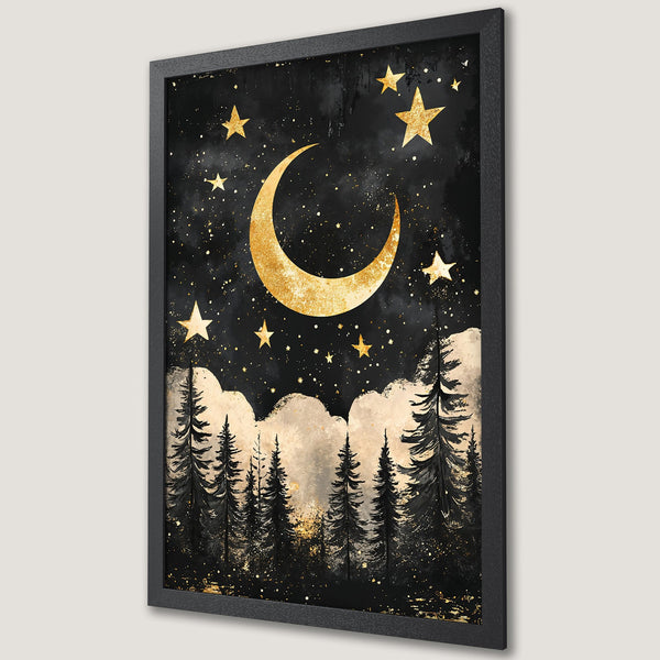 Framed Poster featuring a celestial night scene with gold moon and stars. Black, gold, and beige color palette. Perfect wall art!