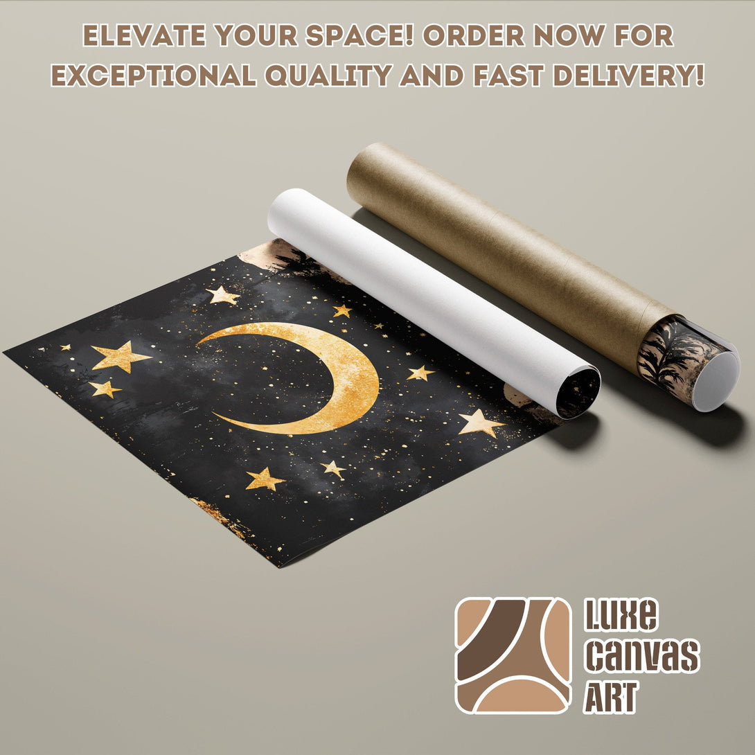 Poster Roll featuring a celestial design with gold accents on a black background. Modern art.