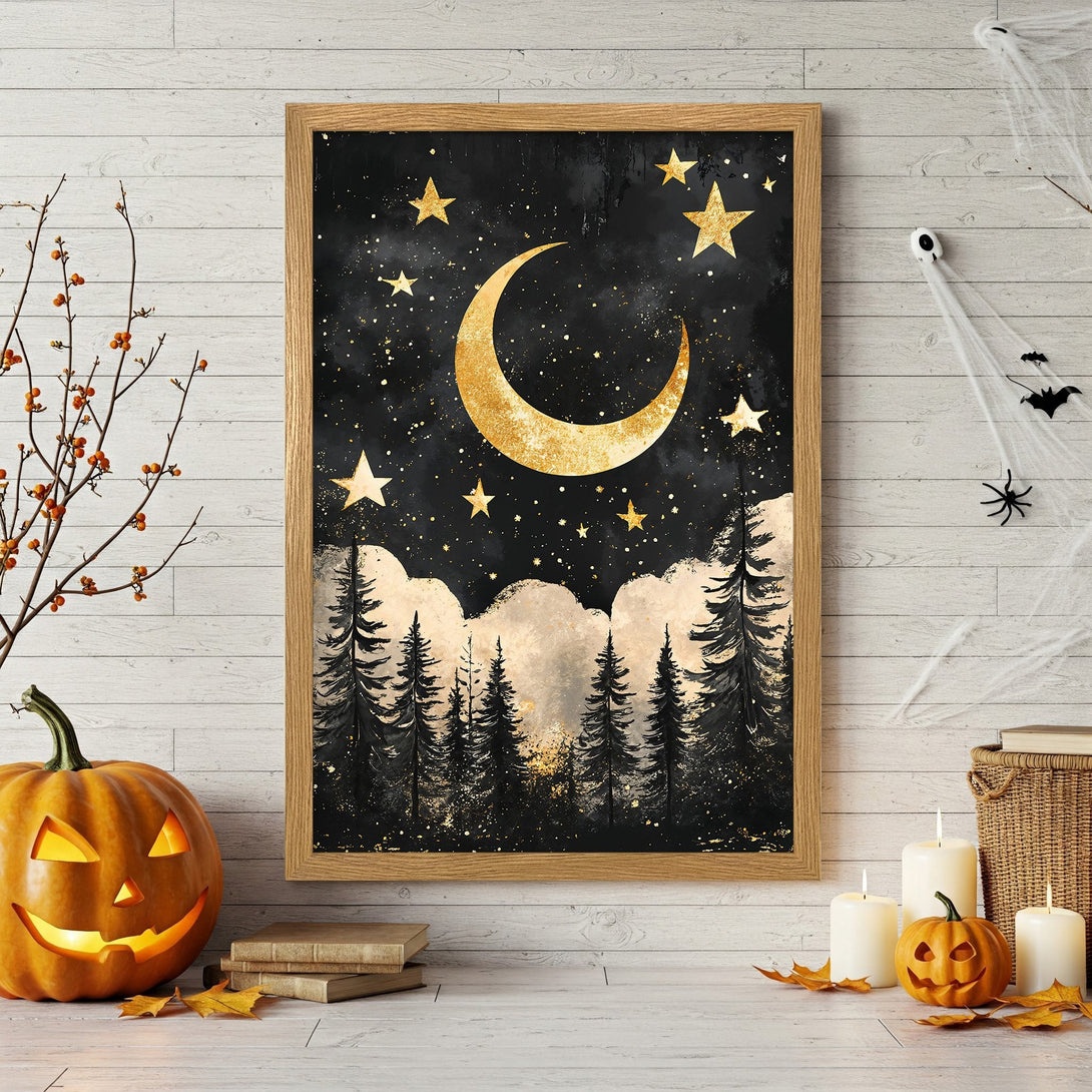 Framed Poster featuring a celestial night scene with moon and stars in gold and black, perfect for Halloween decor.