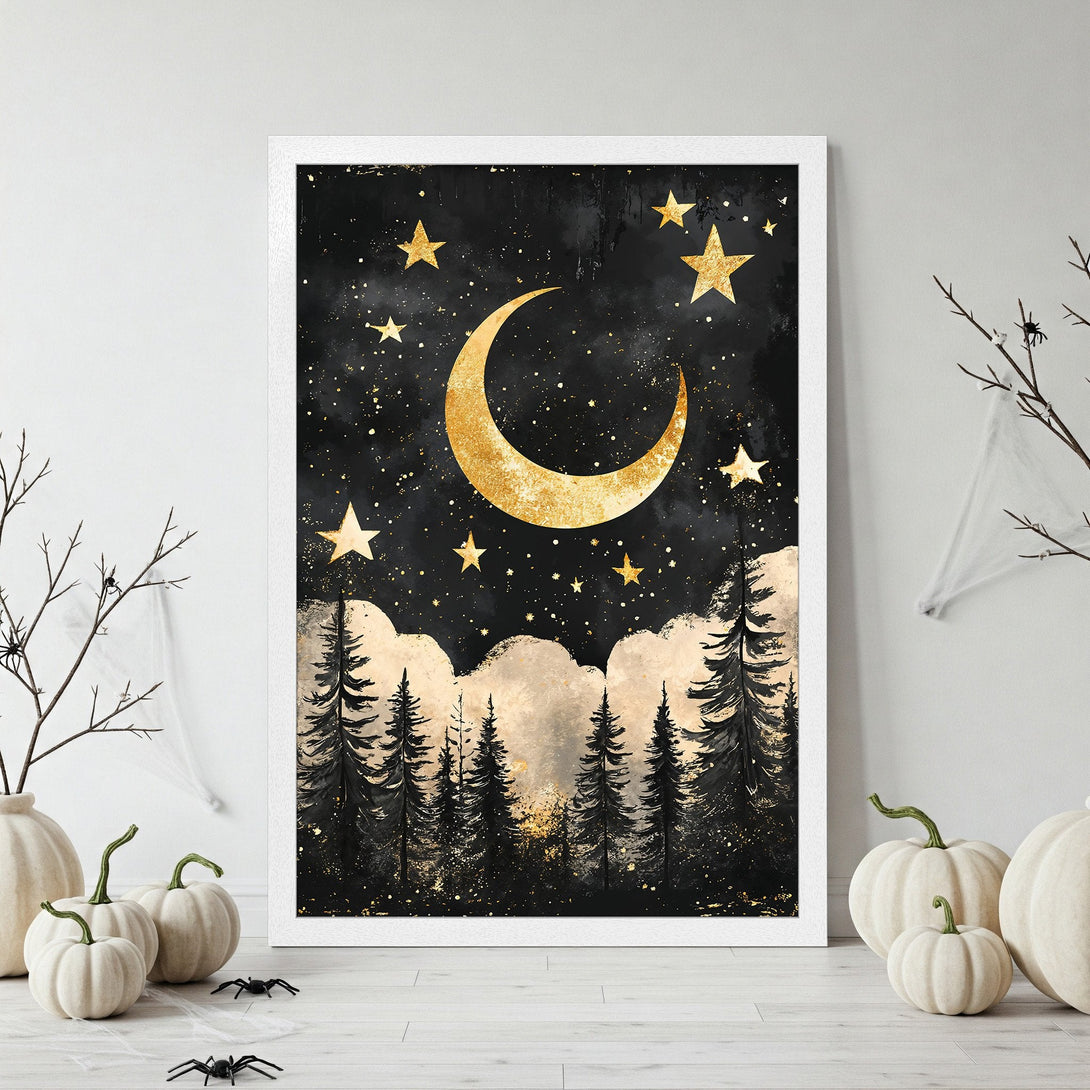 Framed Poster featuring a celestial night scene with a gold moon and stars. Dark, whimsical style with a black and gold color palette. Perfect wall art!