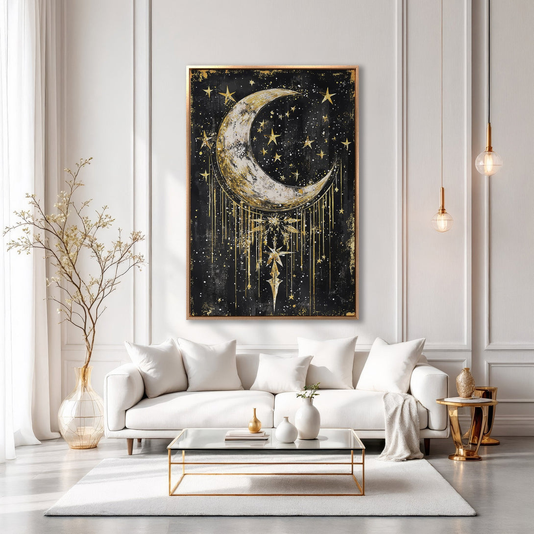 Framed Wall Art: Celestial moon and stars in gold on black canvas. Modern, elegant art with luxe gold accents. Perfect for living room decor.