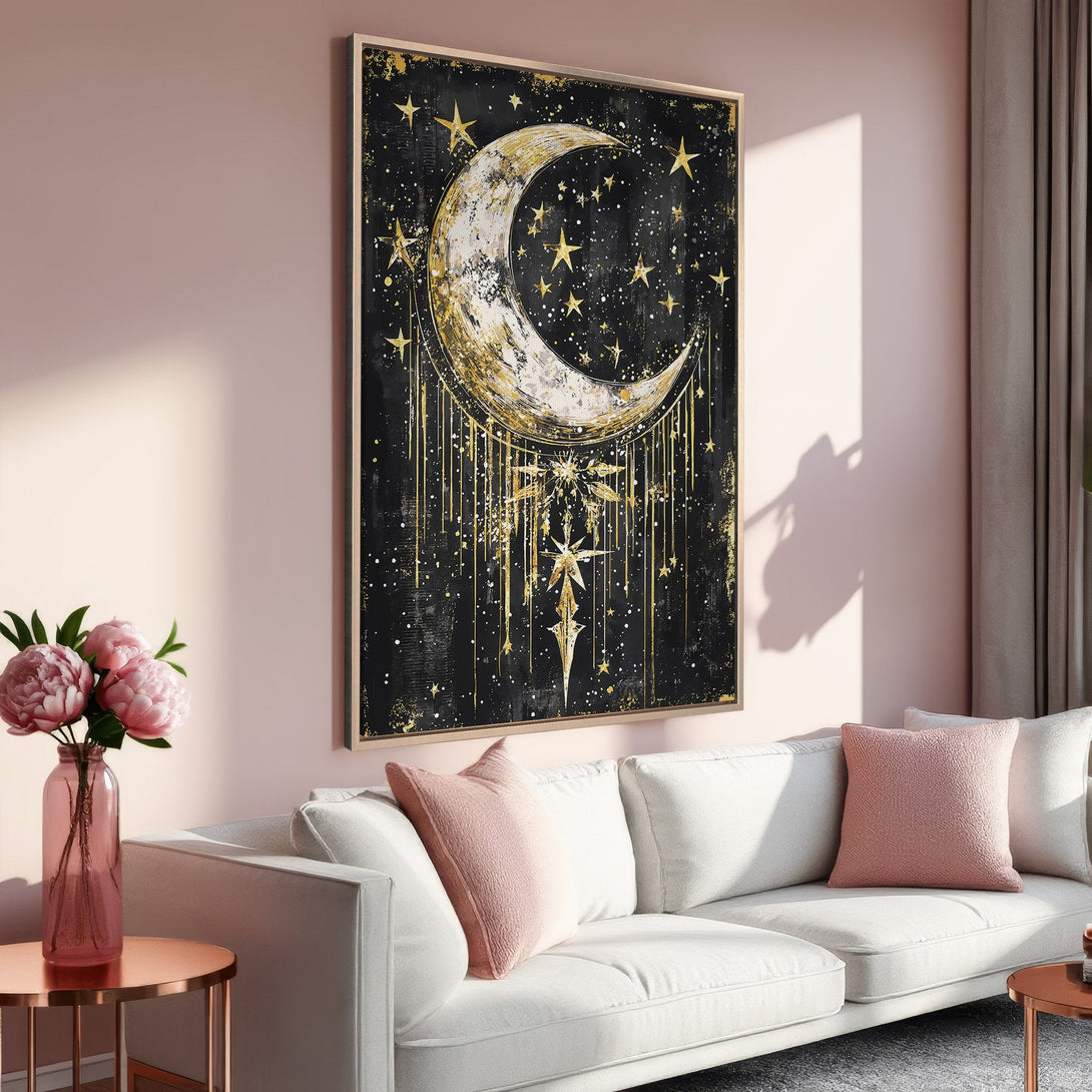 Framed Wall Art featuring a celestial moon and stars design in gold and black. Modern, elegant decor with a blush and gold color palette. Perfect for any room!