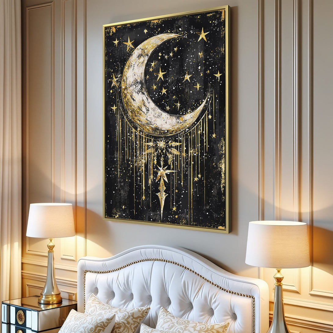 Canvas Print featuring a celestial moon and stars design in gold and black, adding a touch of modern art to any interior.