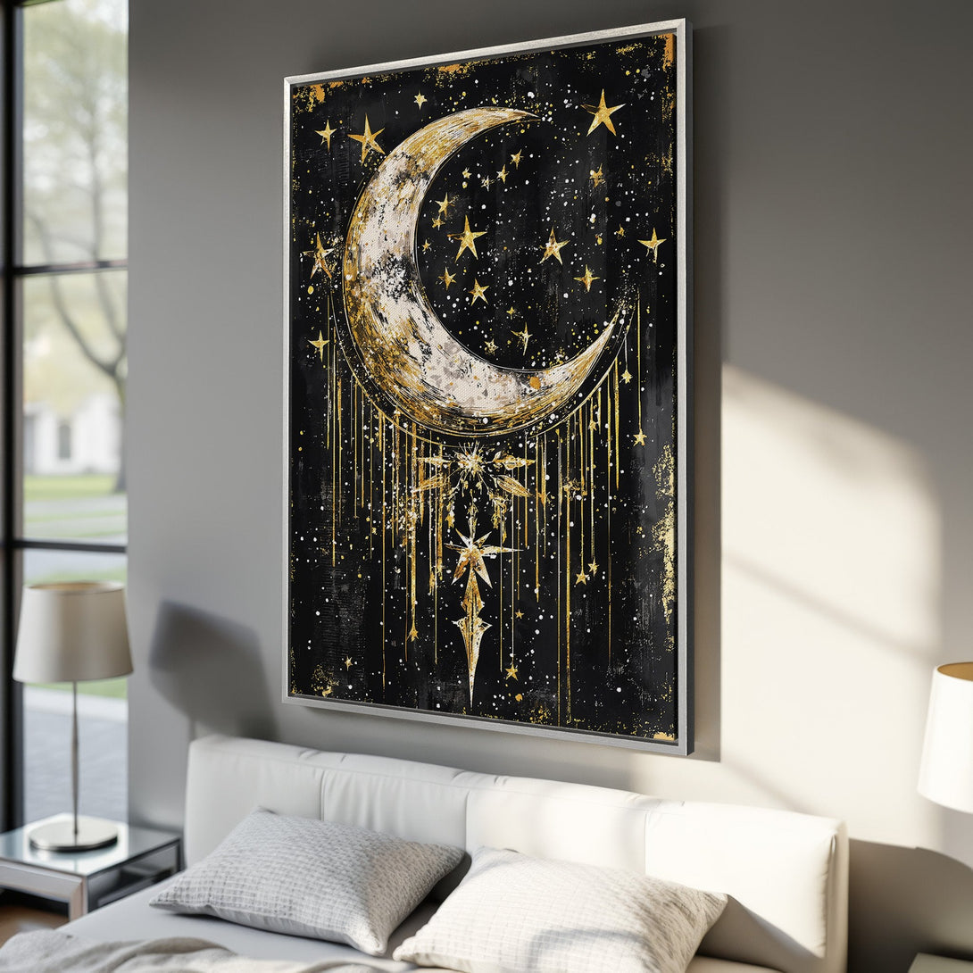 Framed Wall Art: Celestial moon and stars Canvas Print in a modern, black and gold color palette. Perfect for bedroom decor.