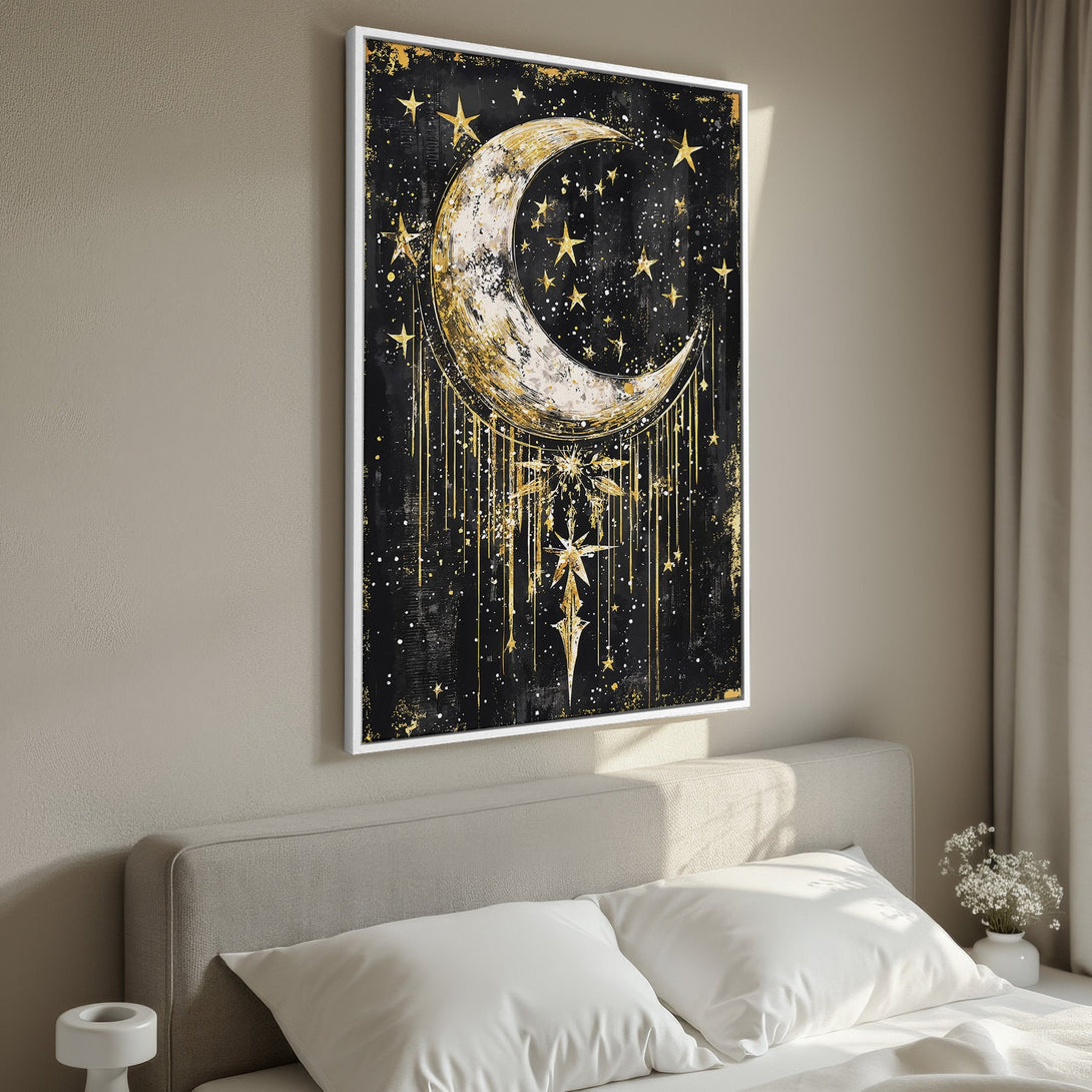 Framed Wall Art: Celestial moon and stars canvas print in black, gold, and white. Modern art decor for bedroom or living room.