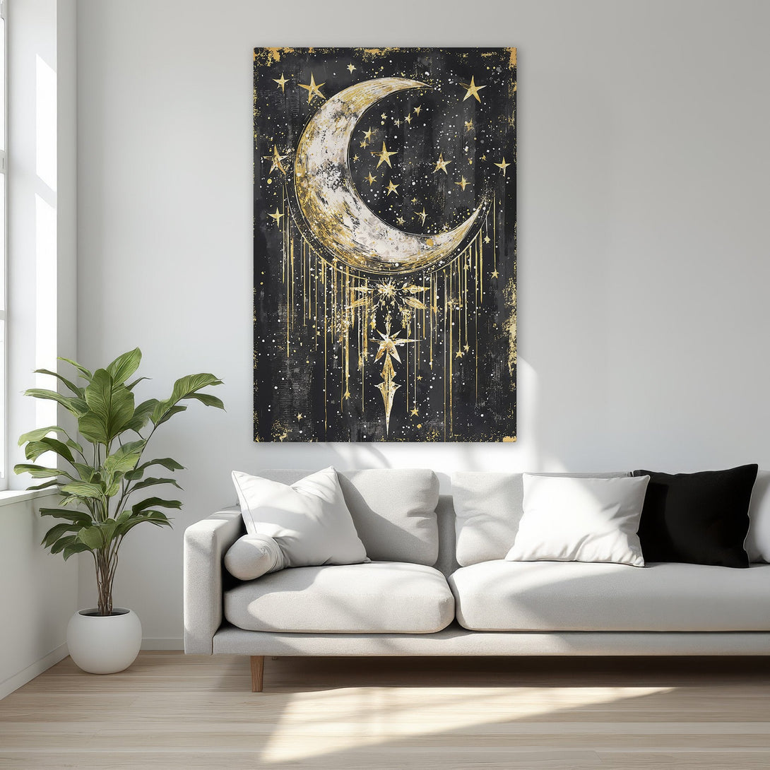 Framed Wall Art featuring a celestial moon and stars design in black and gold, adding a touch of luxury to any bedroom.
