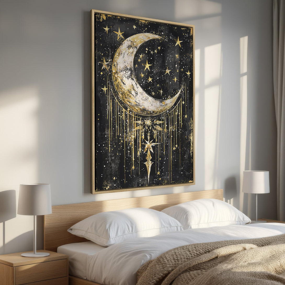 Framed Wall Art: Celestial moon and stars in black and gold. Modern, elegant canvas print perfect for bedroom decor. Shop now!