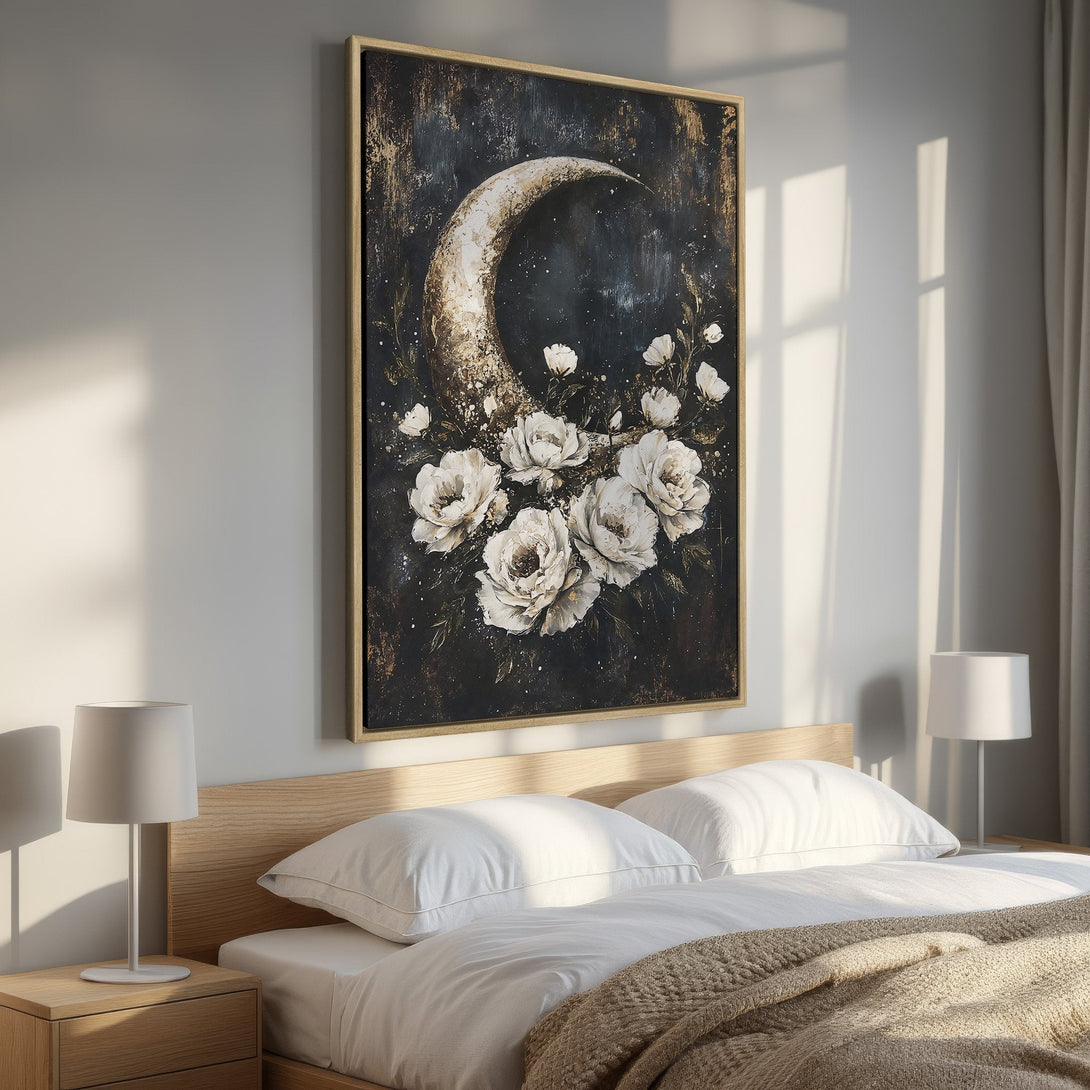 Framed Wall Art featuring a moon and white flowers, a beautiful piece of art in a bedroom. Rich, dark color palette with gold accents.