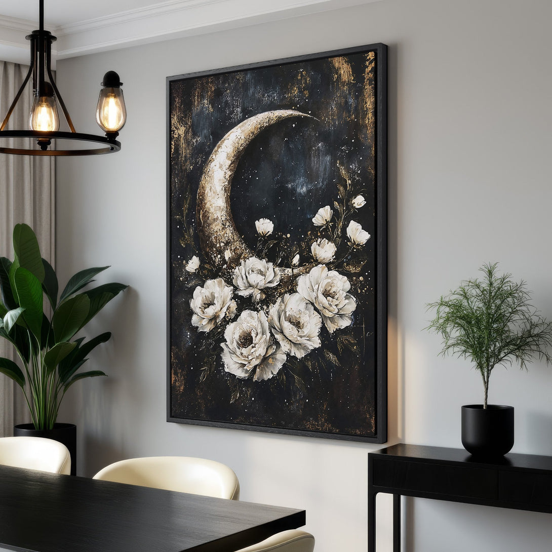 Framed Wall Art featuring a celestial moon and floral design. Elegant, dark, and gold color palette. Perfect for adding a touch of sophistication to any space.