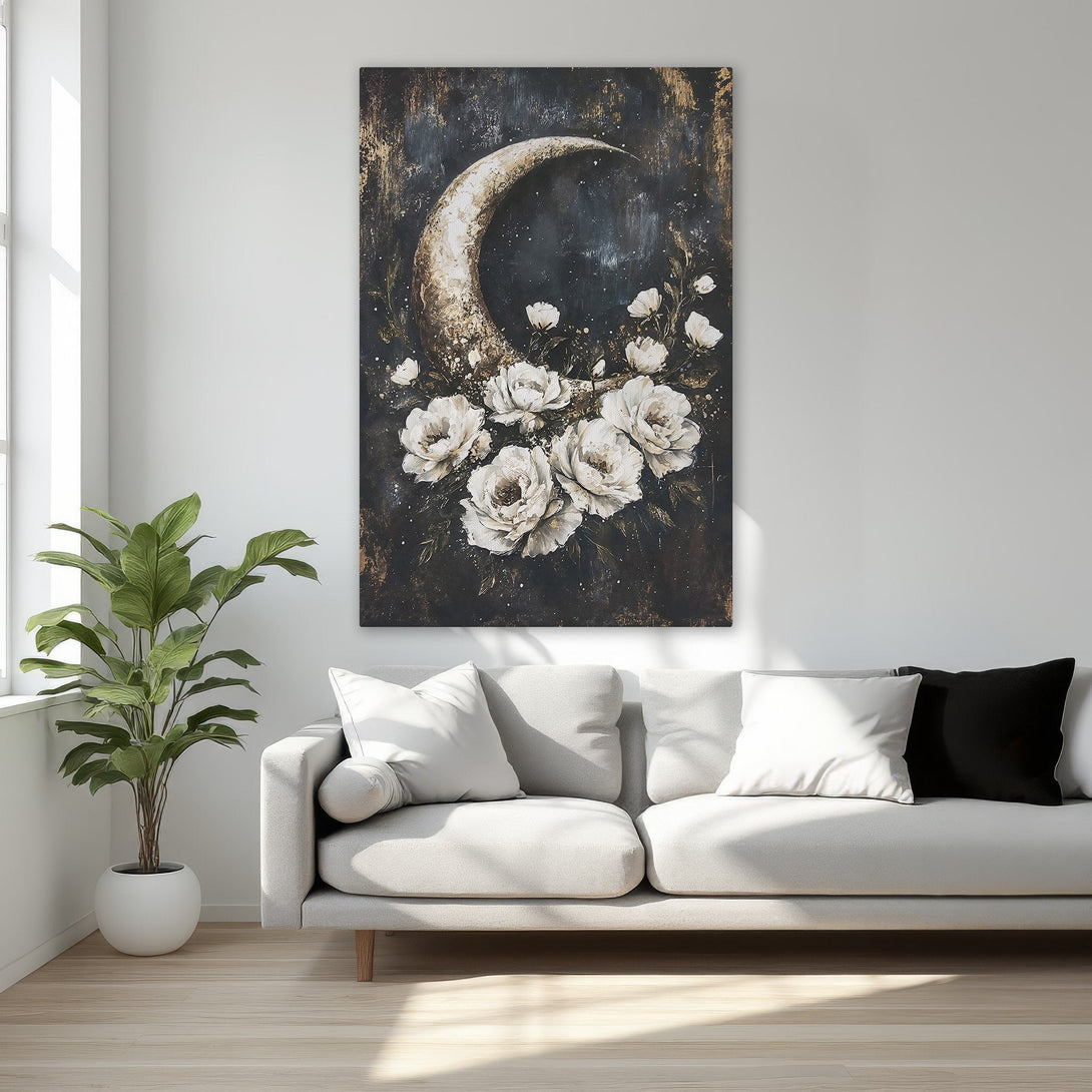 Framed Wall Art: Abstract moon and floral painting in a bedroom. Elegant, dark color palette with gold accents. Perfect for adding sophistication.