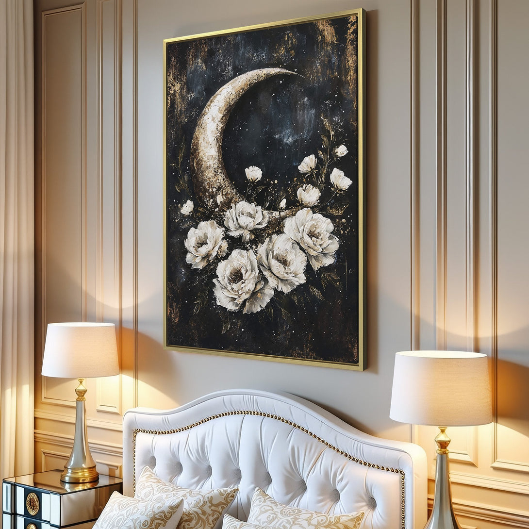 Canvas Print featuring a moon and floral art in a dark, moody palette. Modern wall art with white and gold accents. Perfect for any space.