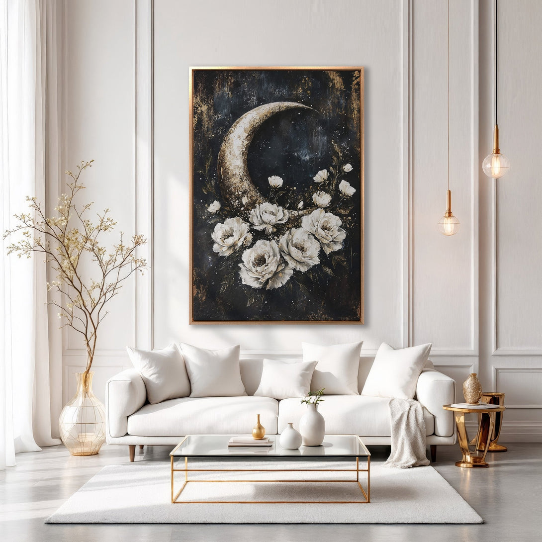 Framed Wall Art: Elegant floral moon painting in gold, black, and white. Perfect for modern living room decor. Shop our canvas print collection today!