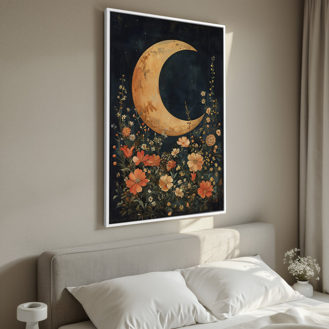 Framed Wall Art featuring a celestial moon and floral design in a vintage style with a warm, earthy color palette. Perfect bedroom decor!