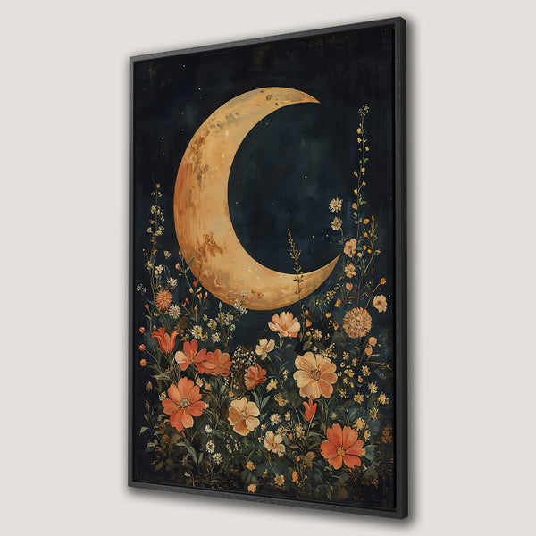 Framed Wall Art: Crescent moon and floral art print in warm orange and dark blue tones. Perfect for adding a touch of celestial charm to any space.