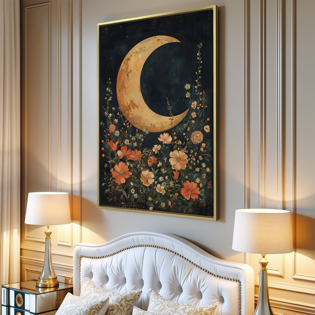 Canvas Print featuring a celestial moon and floral design in a warm, earthy color palette. Adds a touch of bohemian style to any room.