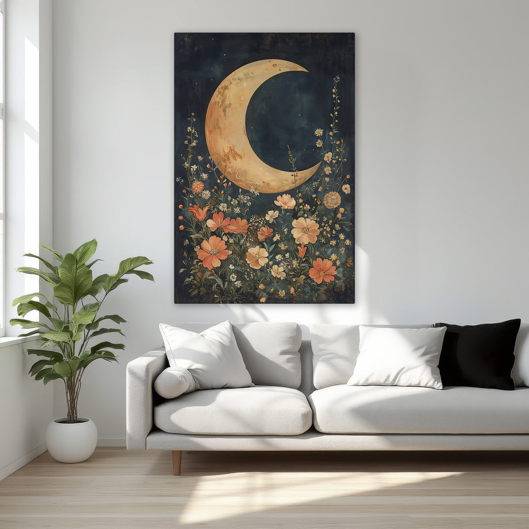 Framed Wall Art featuring a celestial moon and floral design in warm orange and gold tones. Perfect for adding a touch of elegance to any space.