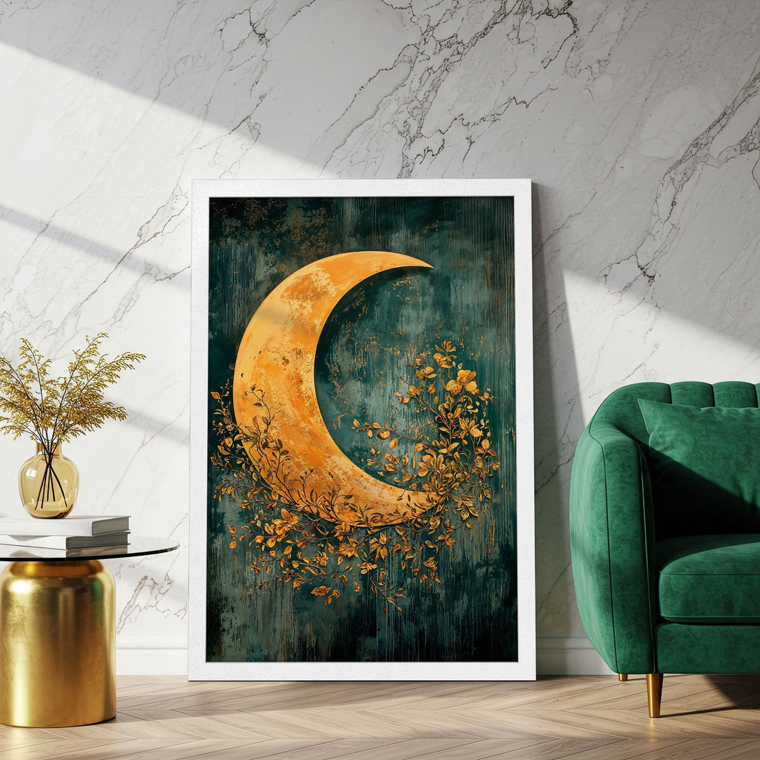 Framed Poster featuring a golden crescent moon with floral details. Artistic style, teal and gold color palette, perfect wall decor.