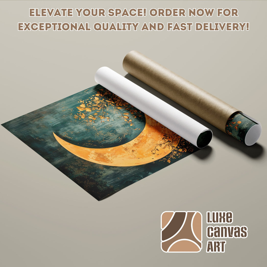Poster Roll featuring a crescent moon art print in teal and gold, perfect for home decor.