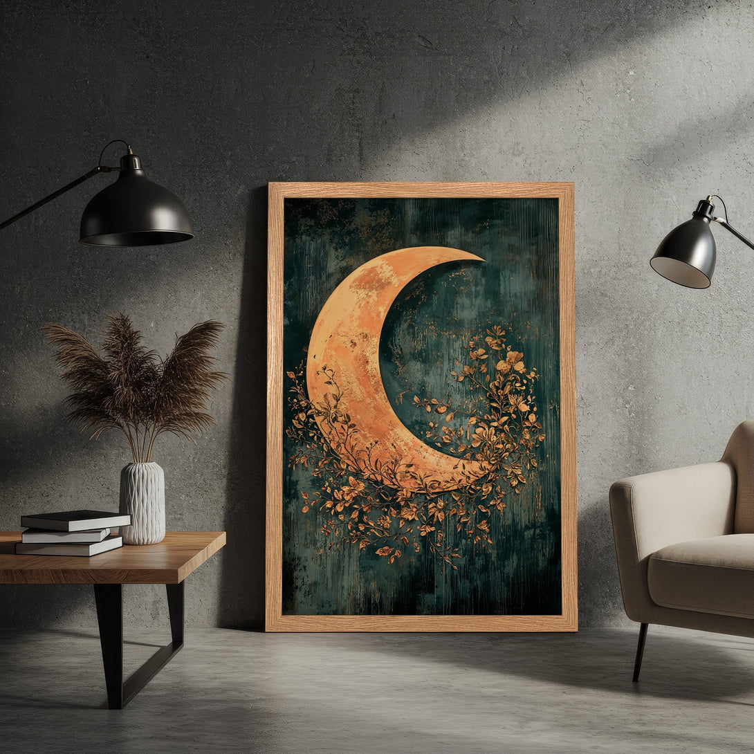 Framed Poster featuring a crescent moon with floral accents, in a vintage style with teal and gold tones. Perfect wall art!