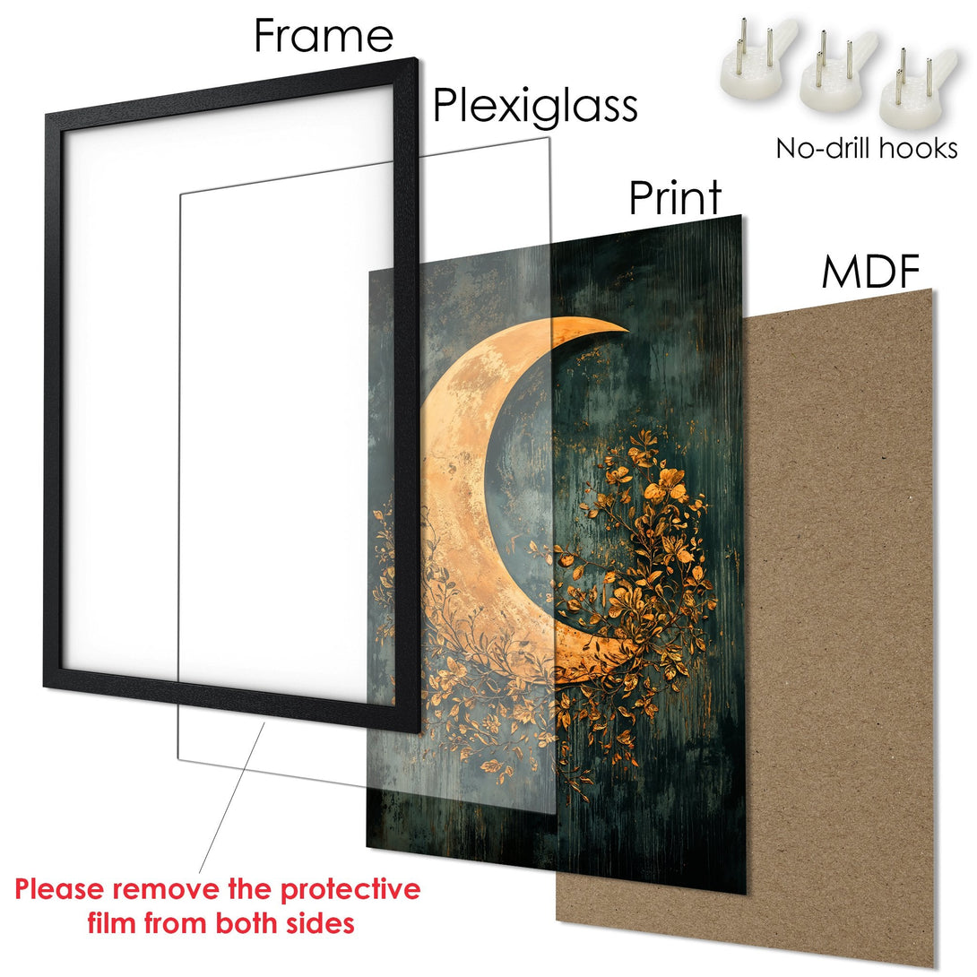 Framed Poster featuring a golden moon and floral design on a teal background. Elegant art print with a warm, earthy color palette.