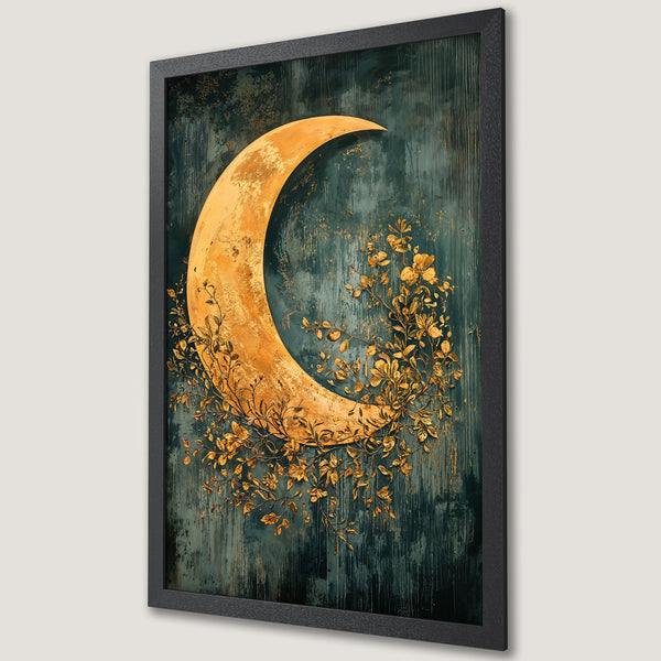Framed Poster featuring a golden moon and floral design on a teal background. Stunning art print, perfect for home decor.