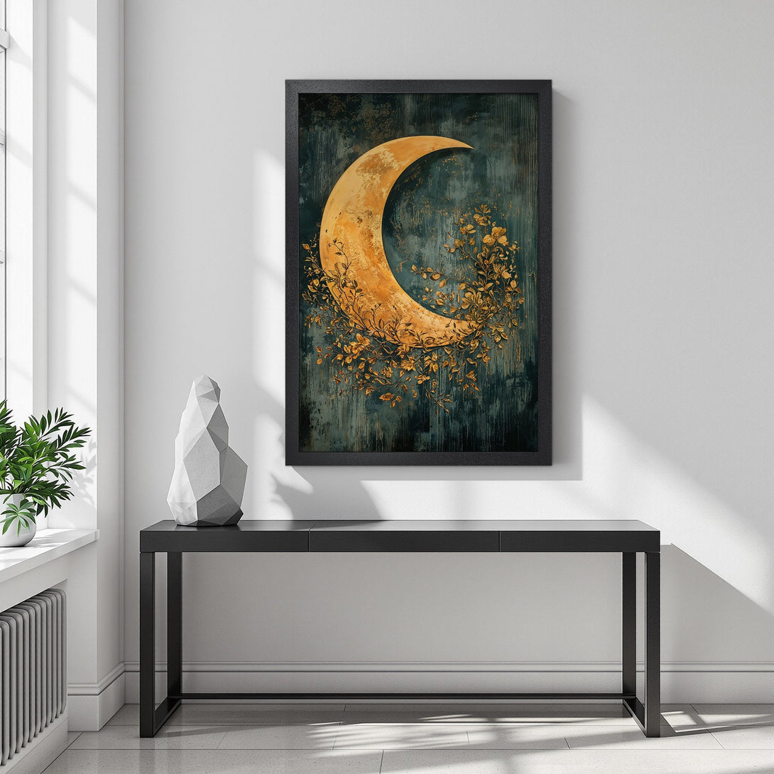 Framed Poster featuring a golden crescent moon with floral accents, set against a teal and gold abstract background. Modern art for your home.