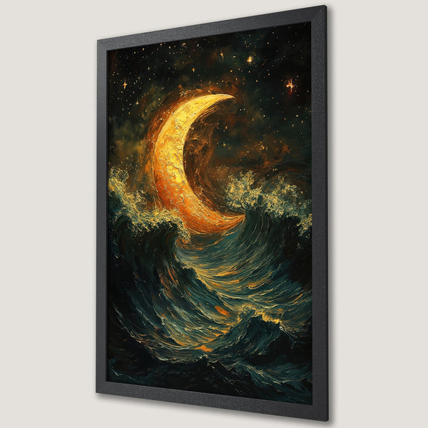 Framed Poster: Dramatic moon over ocean waves art print. Dark teal, gold, and orange color palette. Perfect wall decor.