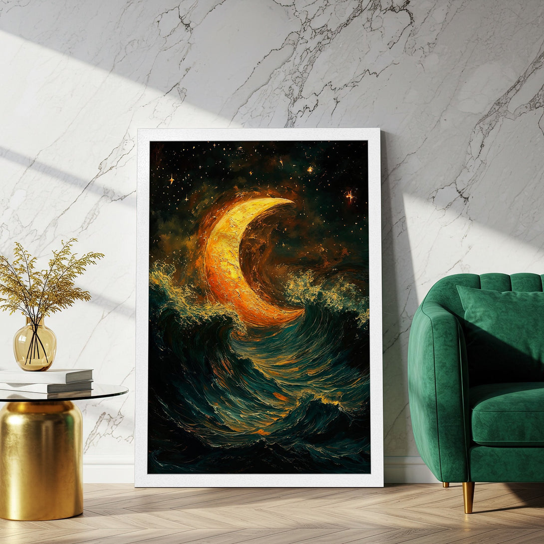 Framed Poster featuring a celestial moon over ocean waves, in a vibrant teal and gold palette. Elevate your space with this stunning artwork!