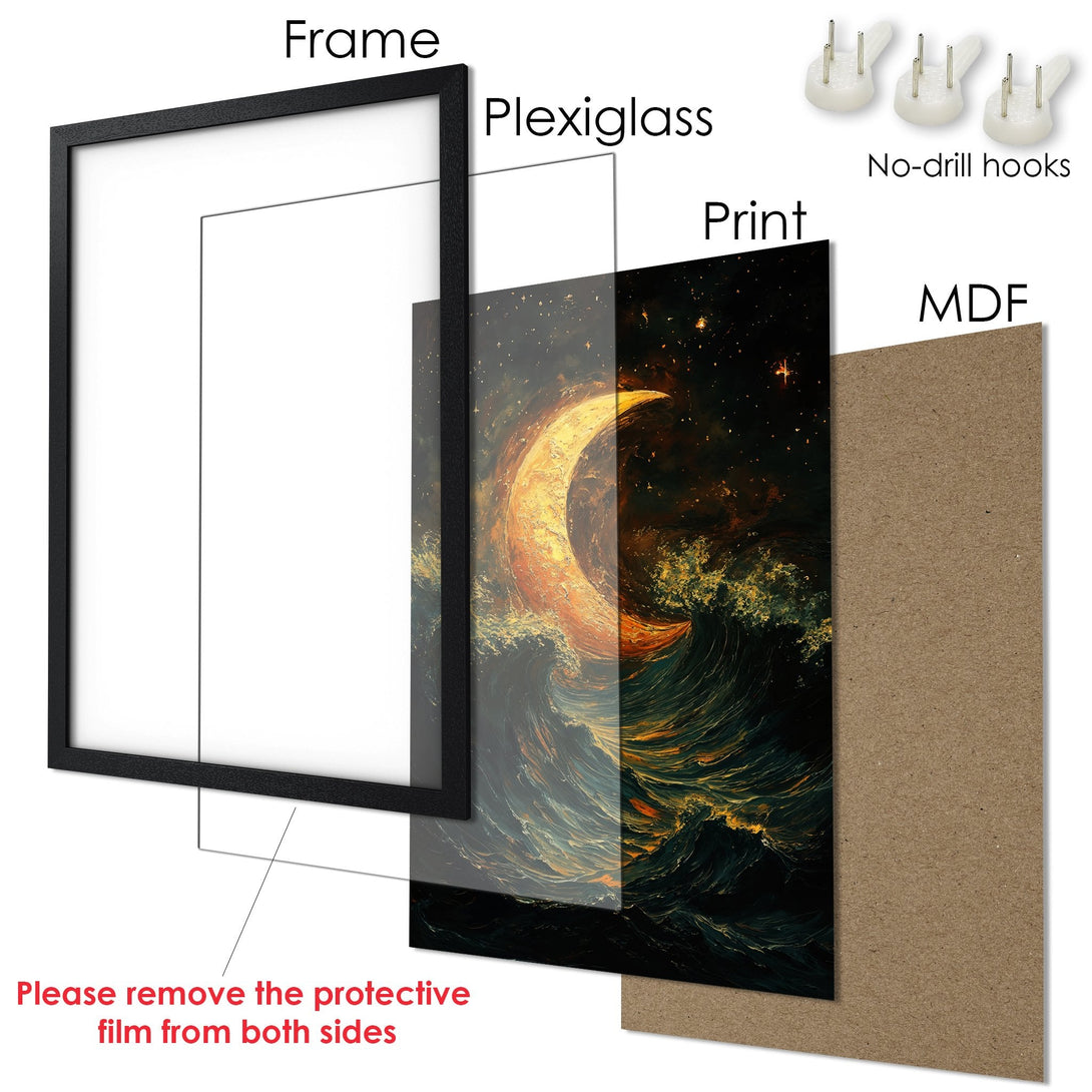 Framed Poster featuring a celestial moon and ocean art print. Warm, vibrant color palette. Perfect wall decor!