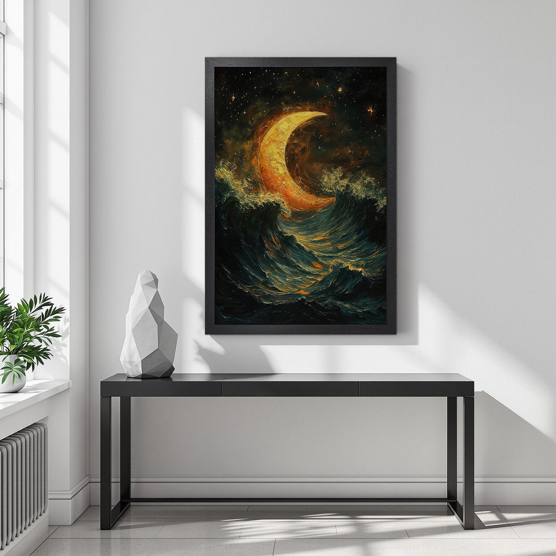 Framed Poster featuring a crescent moon over ocean waves, artistic style, warm gold & teal color palette. Add celestial beauty to your space!