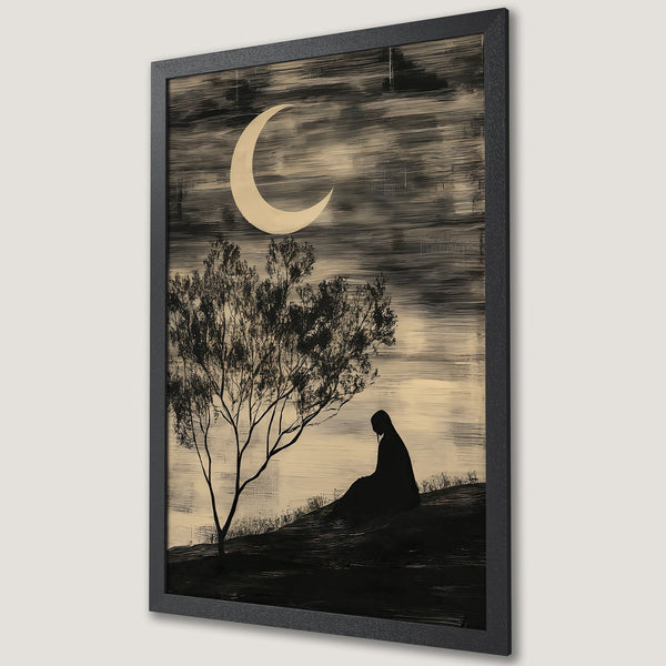 Framed Poster featuring a serene landscape with a crescent moon, tree, and figure. Artistic style with a black and beige color palette. Perfect wall art.