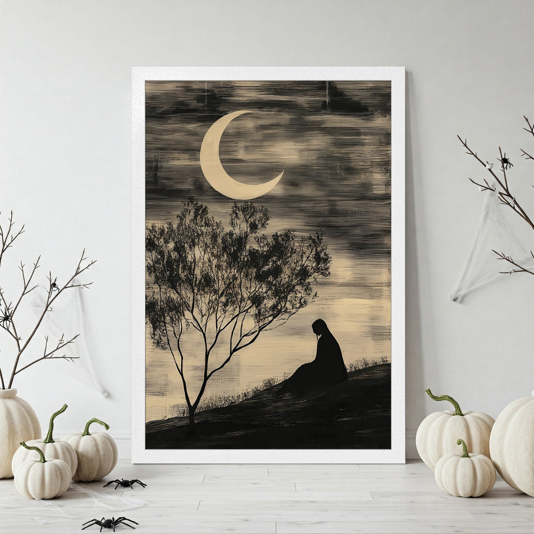 Framed Poster featuring a minimalist landscape with a crescent moon, tree, and figure. Black, beige, and white color palette. Perfect wall art.