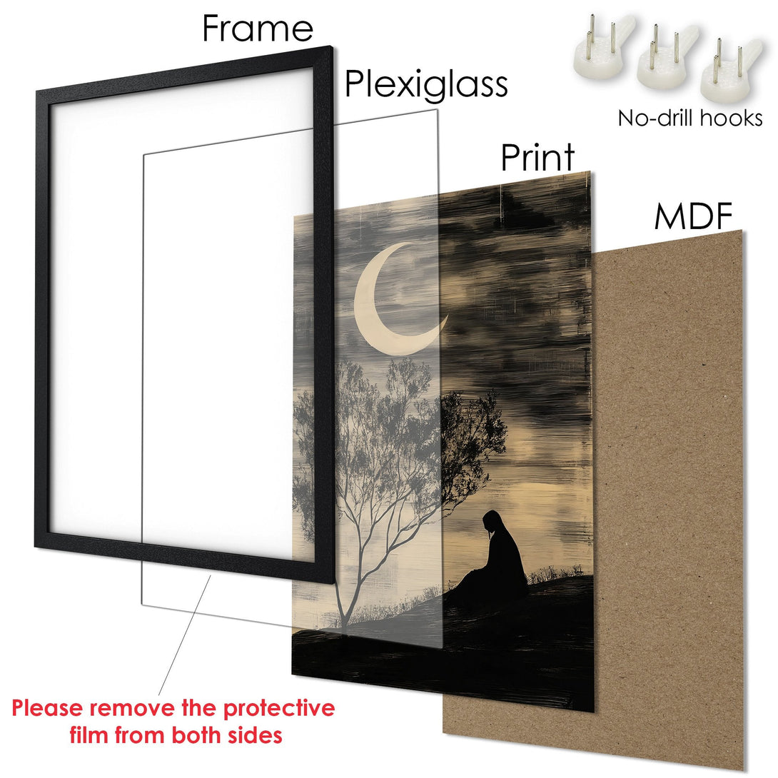Framed Poster featuring a serene landscape with a moon in a black and beige palette. Perfect for adding a touch of art to your space.
