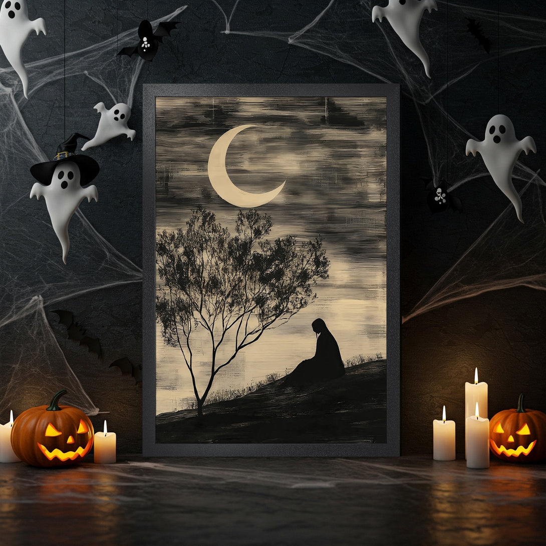Framed Poster: Spooky Halloween art in black, white, and beige. Silhouette of a figure under a moon. Perfect for your Halloween decor!