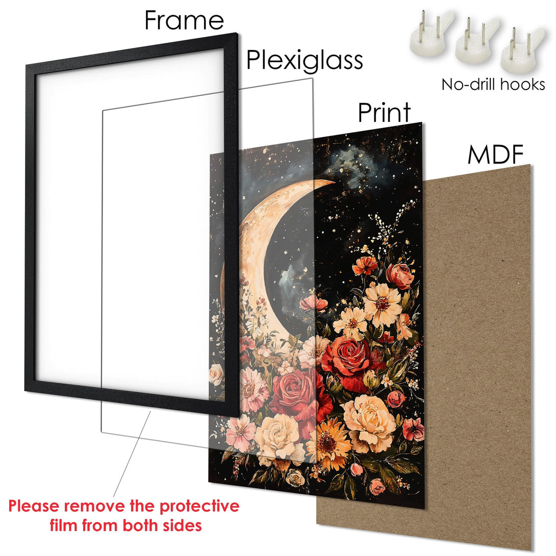 Framed Poster featuring a celestial moon & floral design in a dark, moody color palette. Perfect wall art!