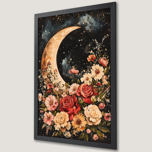Framed Poster featuring a crescent moon and floral arrangement in a romantic, watercolor style with a warm, earthy color palette.