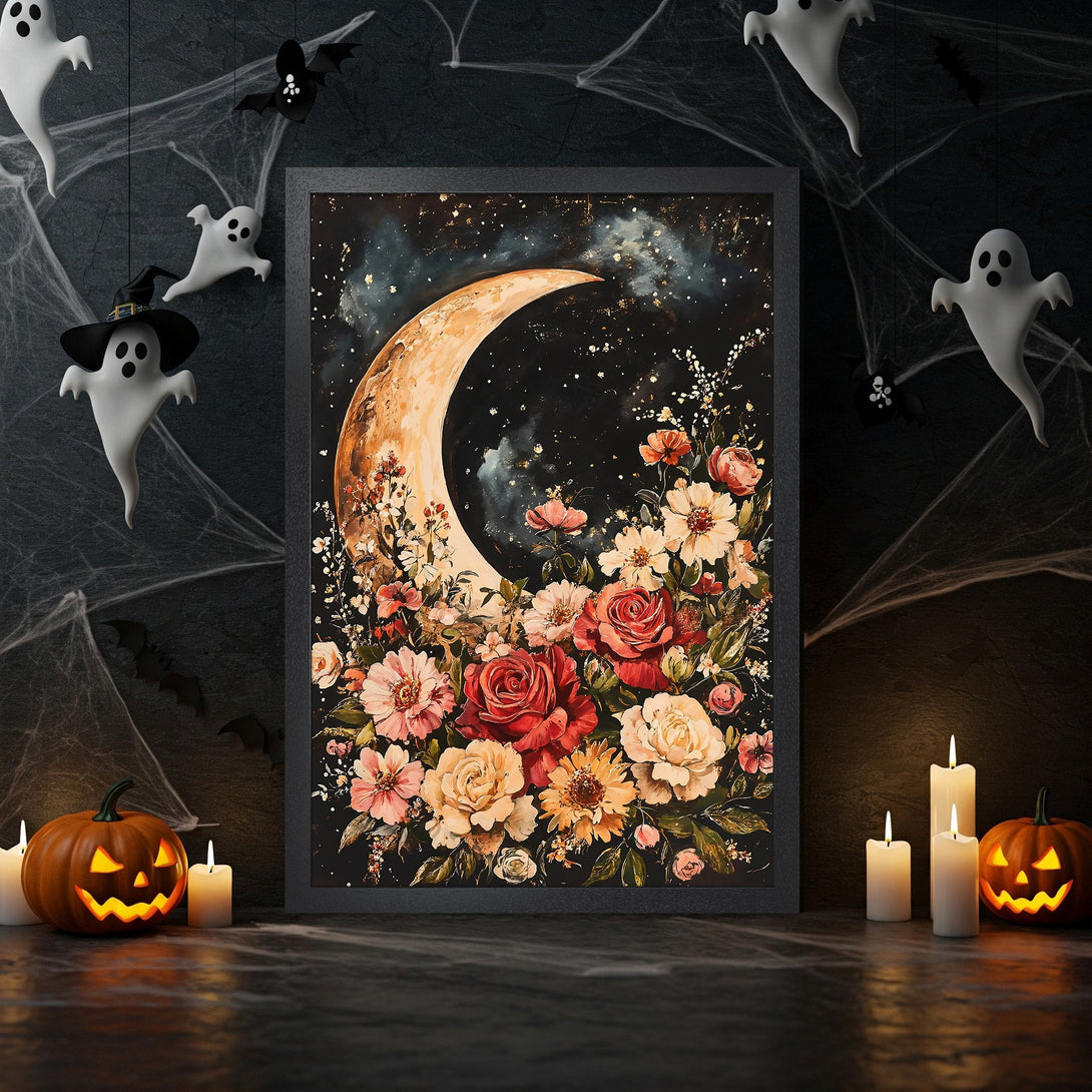 Framed Poster featuring a crescent moon and floral art in a warm, autumnal color palette. Perfect Halloween decor.