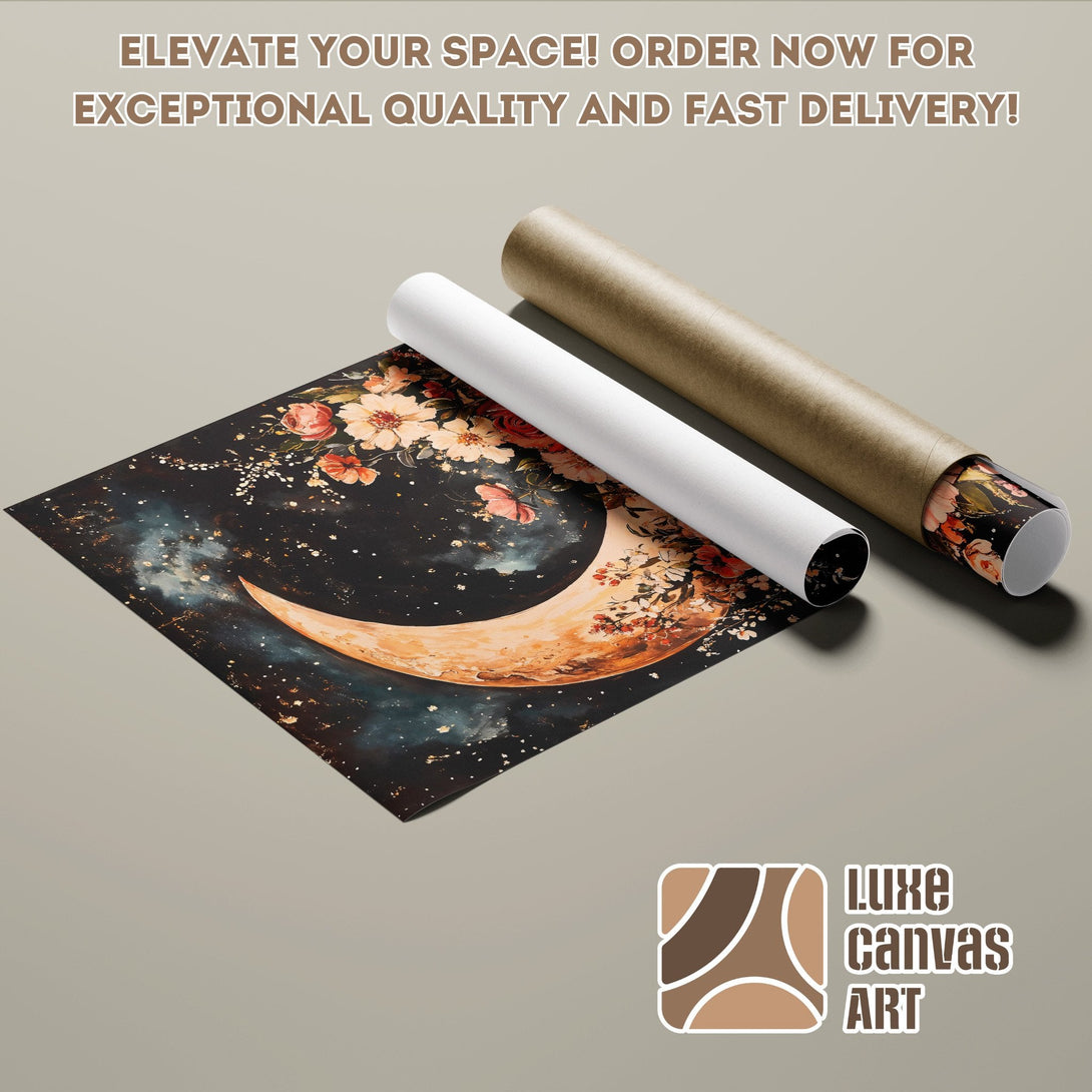 Poster Roll featuring a dreamy moon and floral design, with a dark, warm color palette.