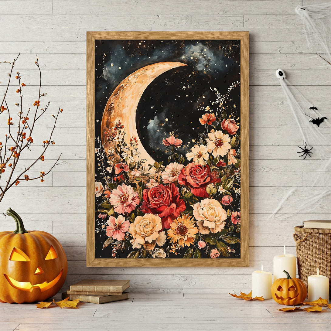 Framed Poster featuring a crescent moon and floral design with a warm, autumnal color palette. Perfect for Halloween decor!