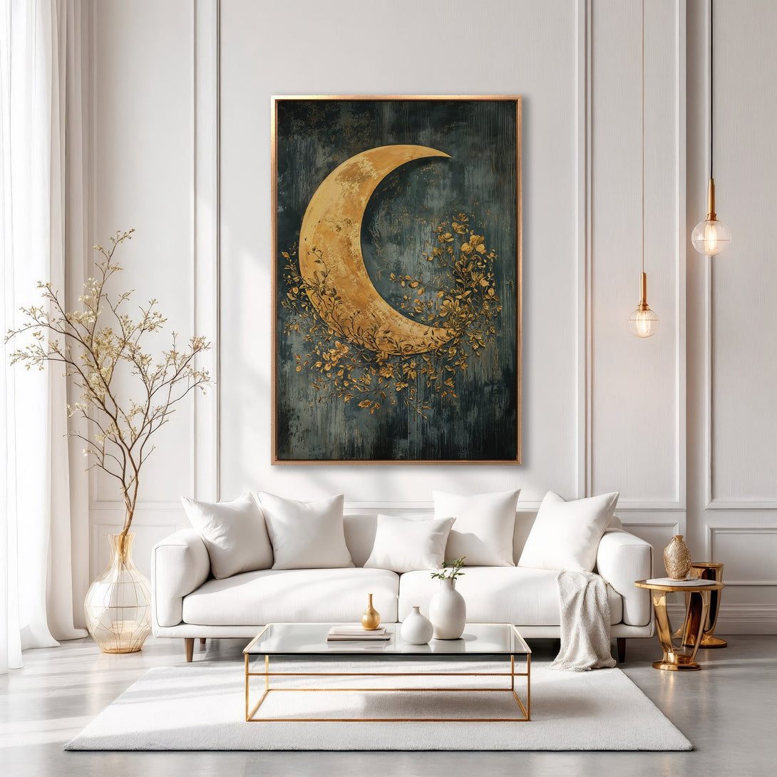 Framed Wall Art featuring a golden crescent moon with floral accents. Elegant, abstract style with a teal and gold color palette, perfect for modern interiors.