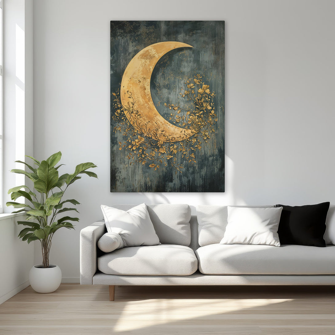 Framed Wall Art featuring a golden moon and floral design. Elegant canvas print with a teal and gold color palette, perfect for bedroom decor.
