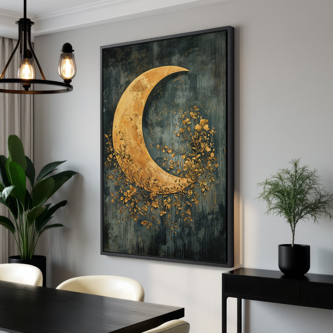 Framed Wall Art: Abstract moon art in gold & teal. Modern canvas print for living room decor. Adds a touch of elegance with its rich color palette.
