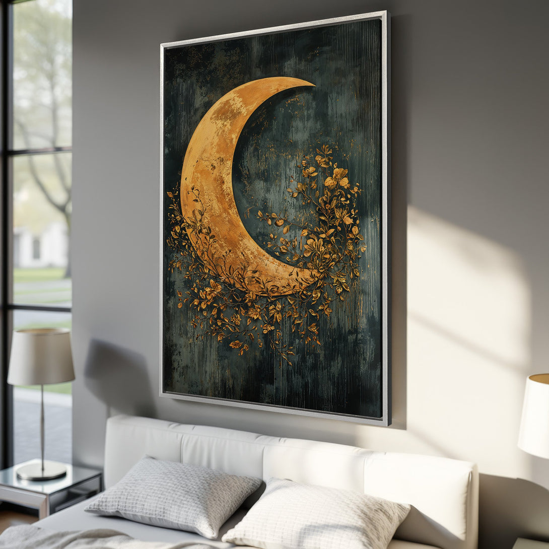 Framed Wall Art featuring a golden moon and florals on a dark teal background. Modern, elegant Canvas Print with a warm, inviting color palette.